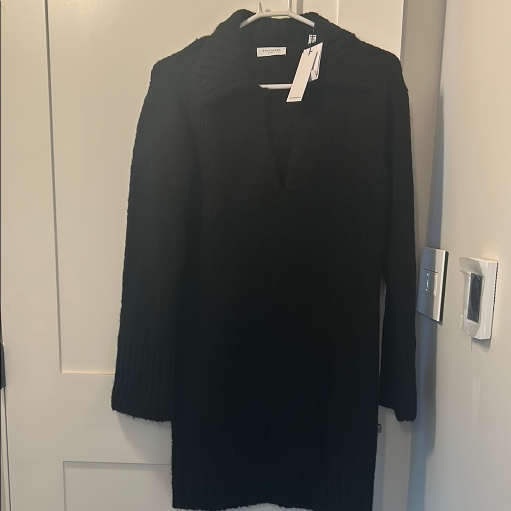 By Equipment- Black Wool Dress V-Neck Long Sleeve